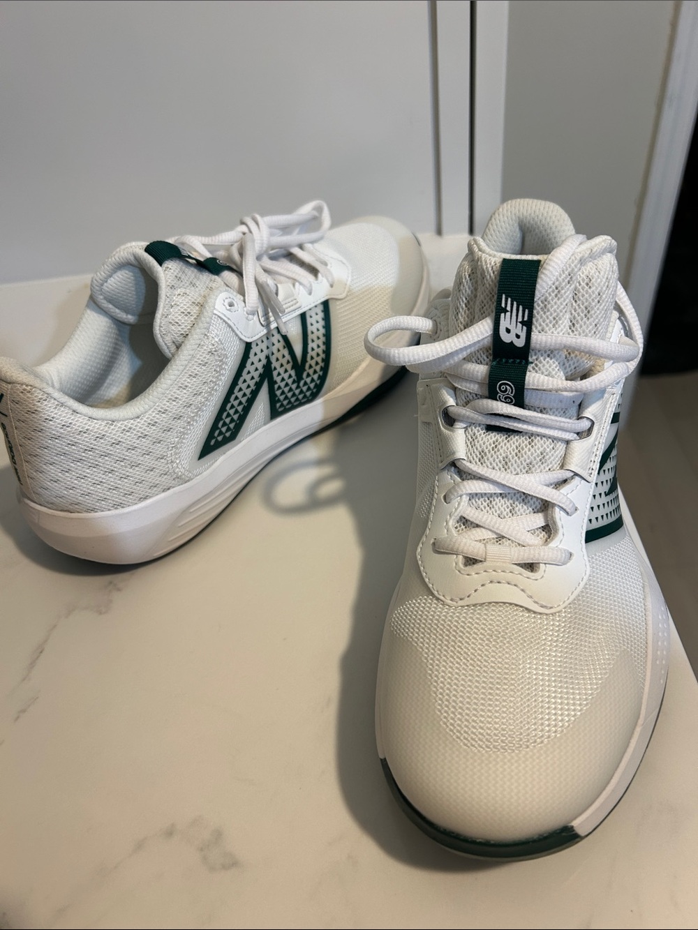 New Balance Kids White & Dark Green Mesh Sneakers